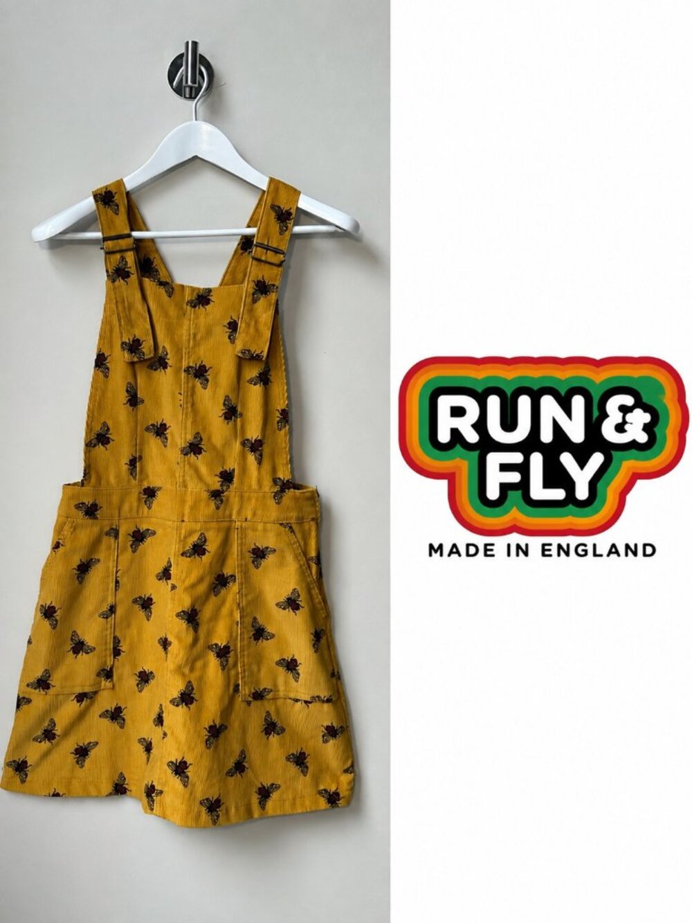 Run & Fly Dress Overalls US Size 8 (UK 12) Mustard Yellow Corduroy Bee Print